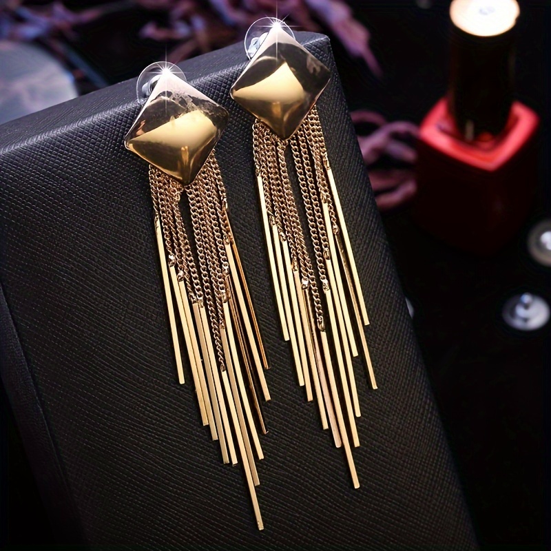 Geometric Square Tassel Earrings, Golden Tone, Stainless Steel Posts